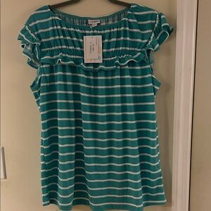 LuLaRoe Green and White Striped Ruffle Blouse